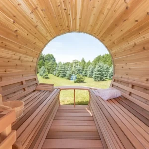 Panorama Cedar Barrel Sauna interior with signature benches – luxury outdoor sauna from Carr Bank Garden Centre