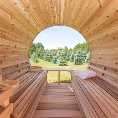 Panorama Cedar Barrel Sauna interior with signature benches – luxury outdoor sauna from Carr Bank Garden Centre