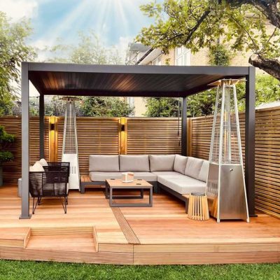 Nova Titan freestanding aluminium pergola 3m x 2.4m in grey, outdoor lifestyle view